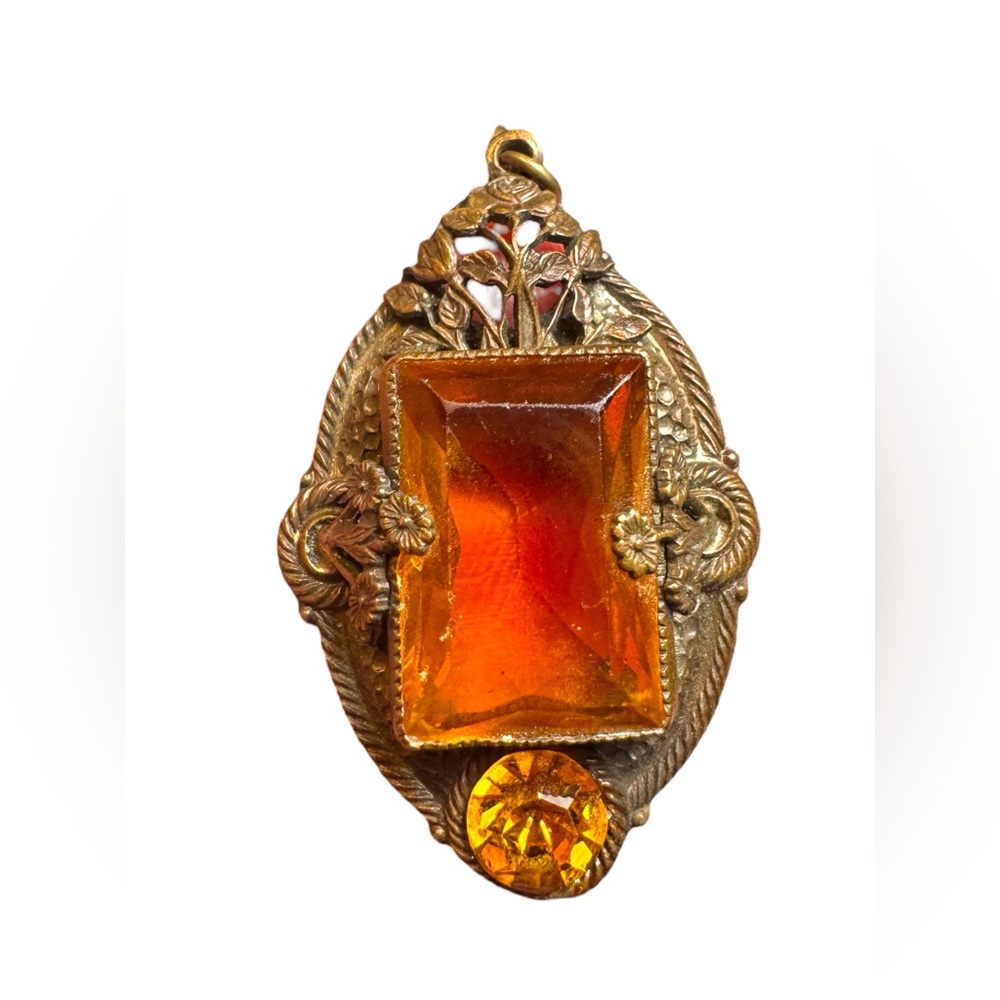 Antique Czech Gilded Filgree Citrine glass pendant art deco